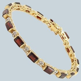 116. 18K Yellow Gold Over Sterling Silver Diamond and Garnet 7.4 Inch Designer Bracelet