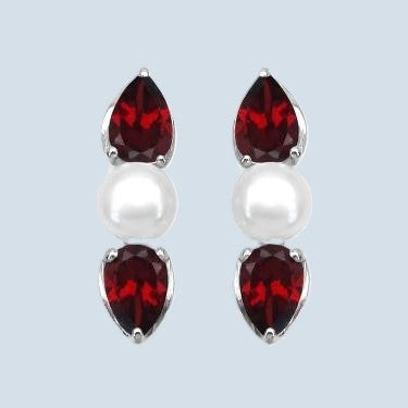 Unusual Rhodium over Solid Sterling Silver Garnet and Pearl Earrings