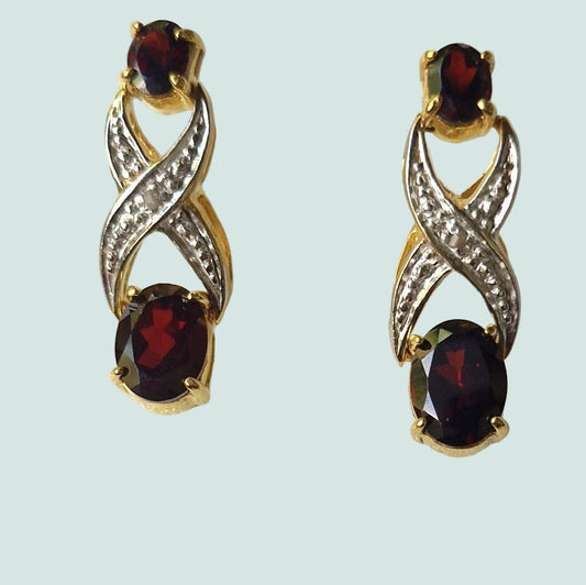 Red Garnet and Diamond Earrings in 18K Yellow Gold over Sterling Silver