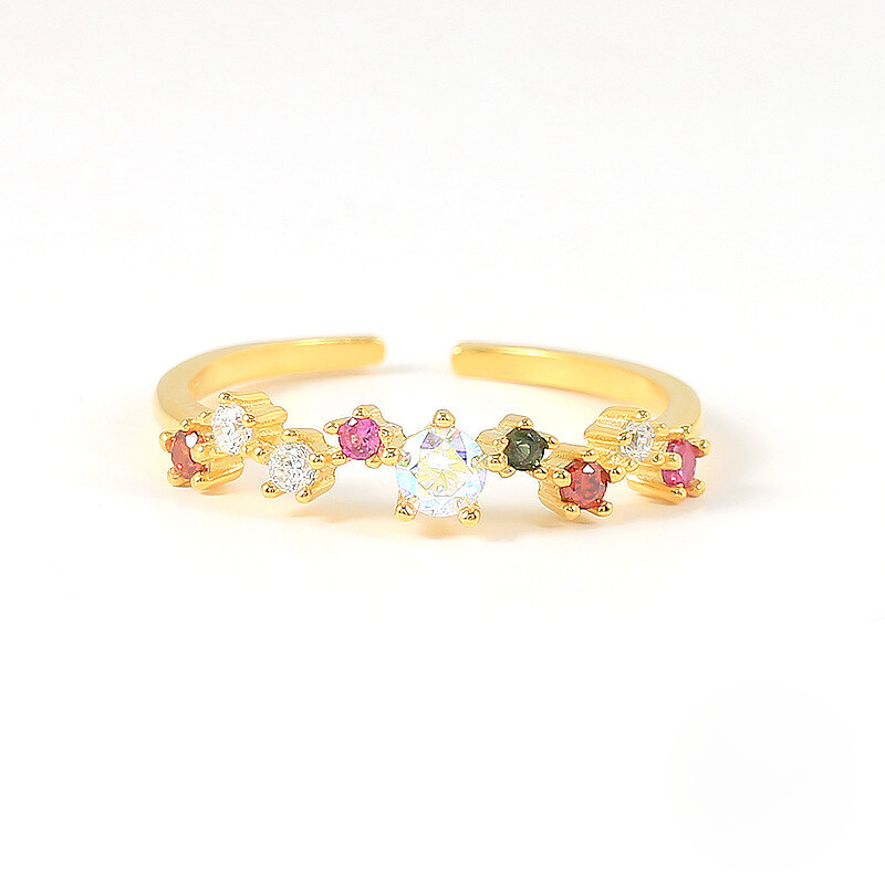 A.34 925 Sterling Silver Geometric Moon Small Zircon Flash Open Ring Tiktok Style Colorful Zircon Exquisite Index Finger Rings Wholesale For Women