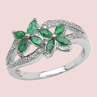 Designer Sterling Silver Emerald and Diamond Size 6 Ring