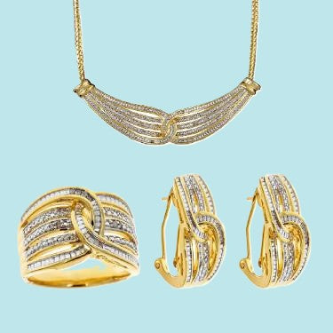 Diamond Ring, Earrings & Necklace set  in 14K Gold plated Brass