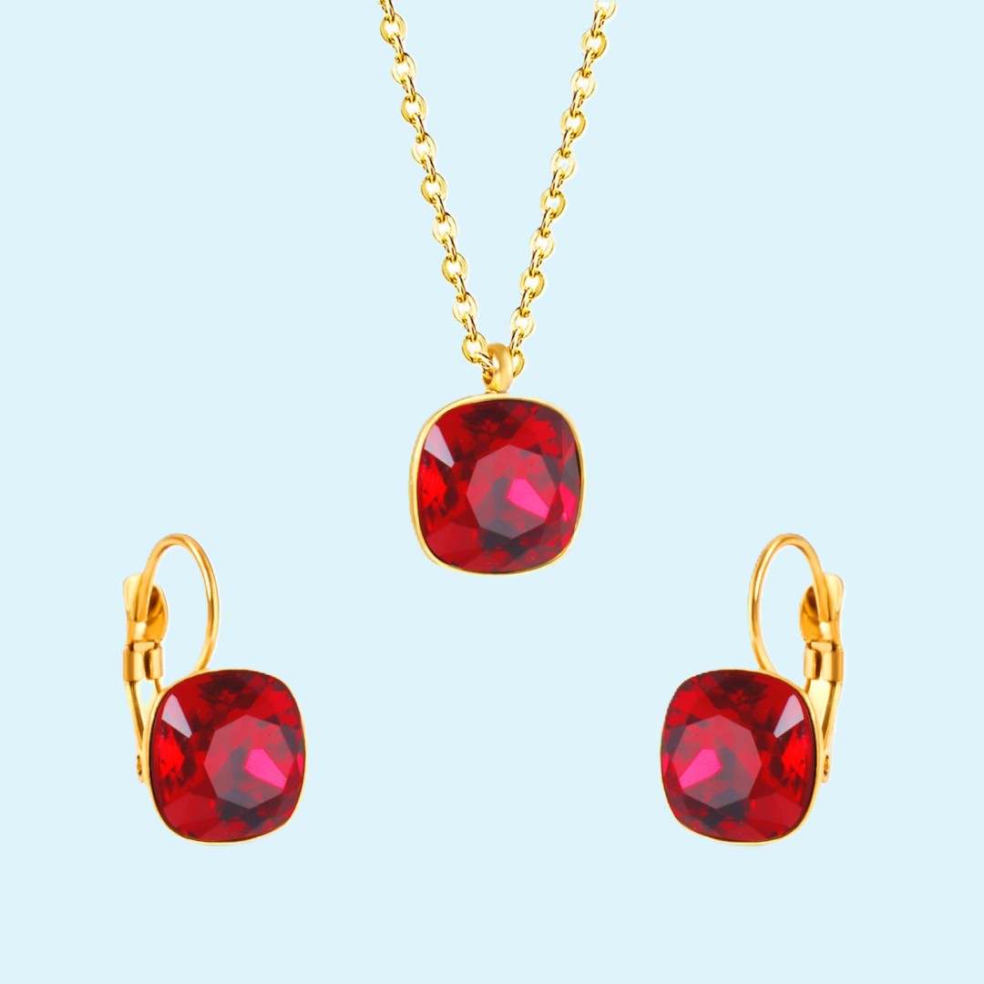 Ruby Red Cushion Crystal Set - 18K Gold over Stainless Steel Necklace and Earrings