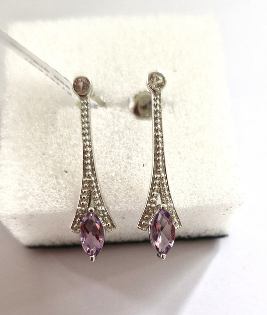 Elegant Purple Amethyst and White Topaz Earring set in Rhodium Plated Solid Sterling Silver