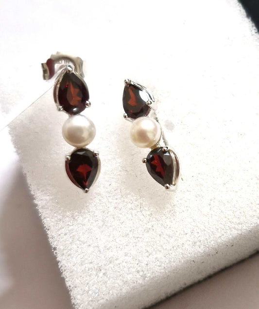 Unusual Rhodium over Solid Sterling Silver Garnet and Pearl Earrings