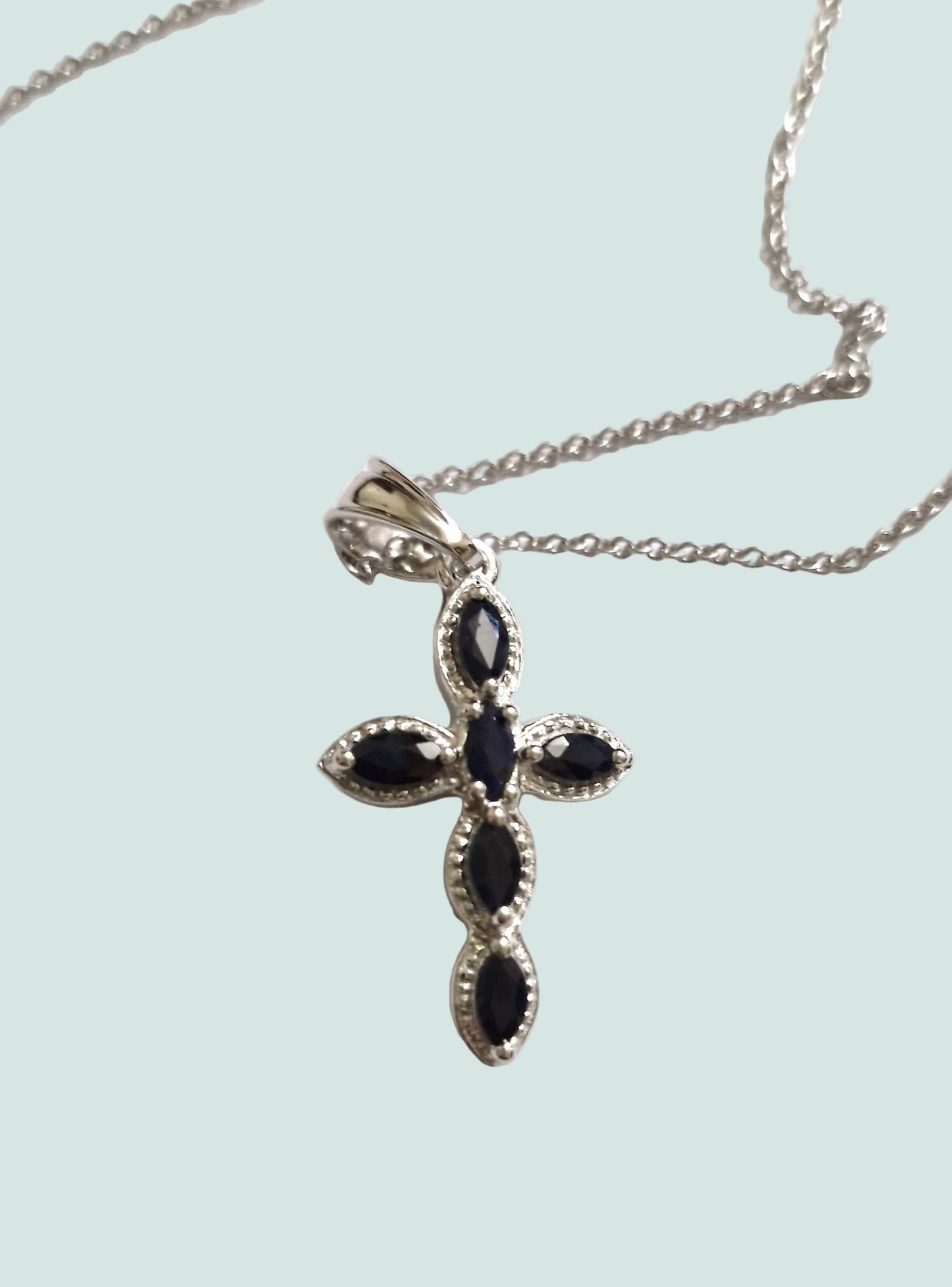 Elegant Cross Necklace. 0.9ctw Blue Sapphire set in Sterling Silver