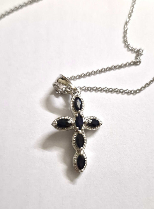 Elegant Cross Necklace. 0.9ctw Blue Sapphire set in Sterling Silver