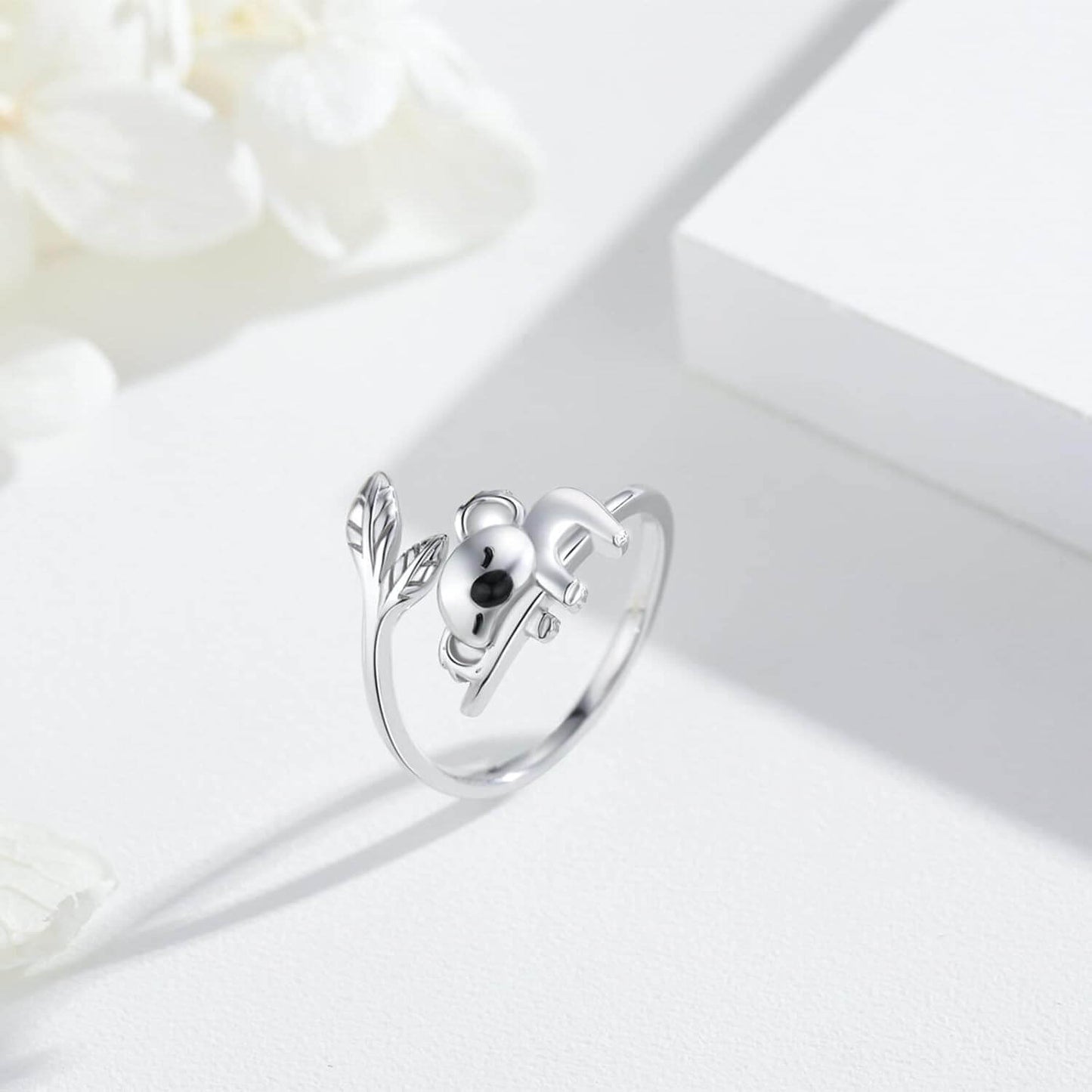 A28. 925 Sterling Silver Cute Koala Open Rings With Leaves