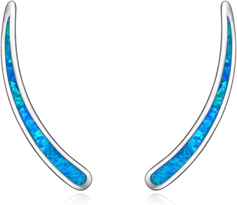 925 Sterling Silver Blue Fire Opal Curved Ear Climber Studs Non-Tarnish Huggie Hoop Earring Sets Wholesale for Women Girls Gifts Jewelry 4cm Long