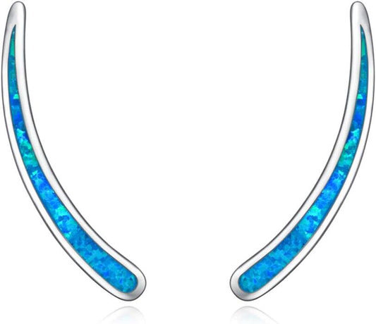 925 Sterling Silver Blue Fire Opal Curved Ear Climber Studs Non-Tarnish Huggie Hoop Earring Sets Wholesale for Women Girls Gifts Jewelry 4cm Long