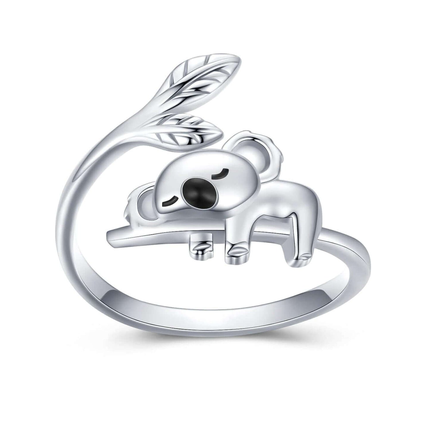 A28. 925 Sterling Silver Cute Koala Open Rings With Leaves