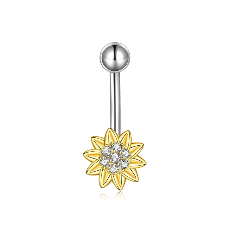 925 Sterling Silver Sunflower Belly Rings With Clear Stones