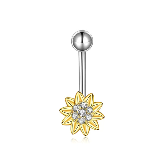 925 Sterling Silver Sunflower Belly Rings With Clear Stones