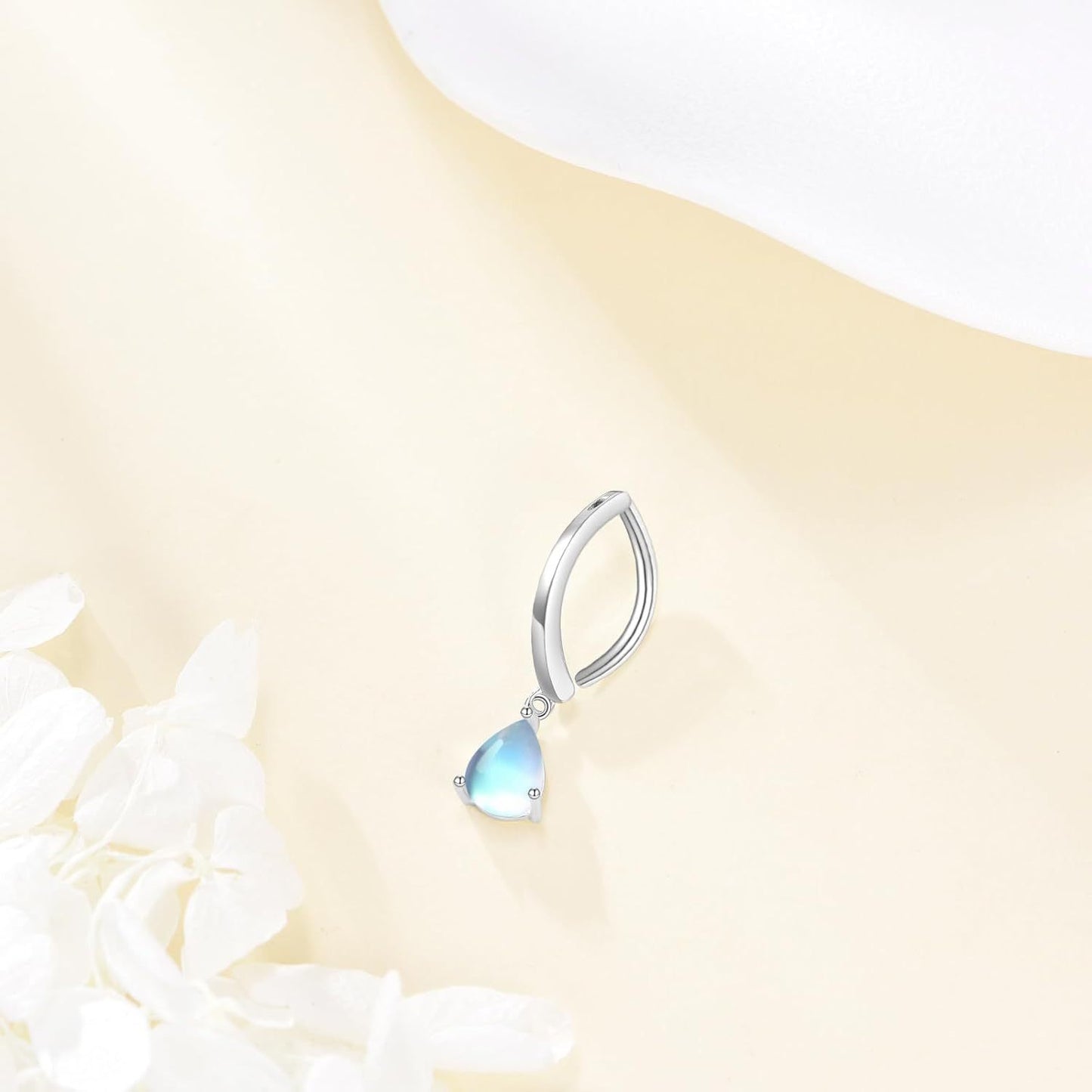 925 Sterling Silver Teardrop Rainbow Moonstone Dangle Belly Button RIng