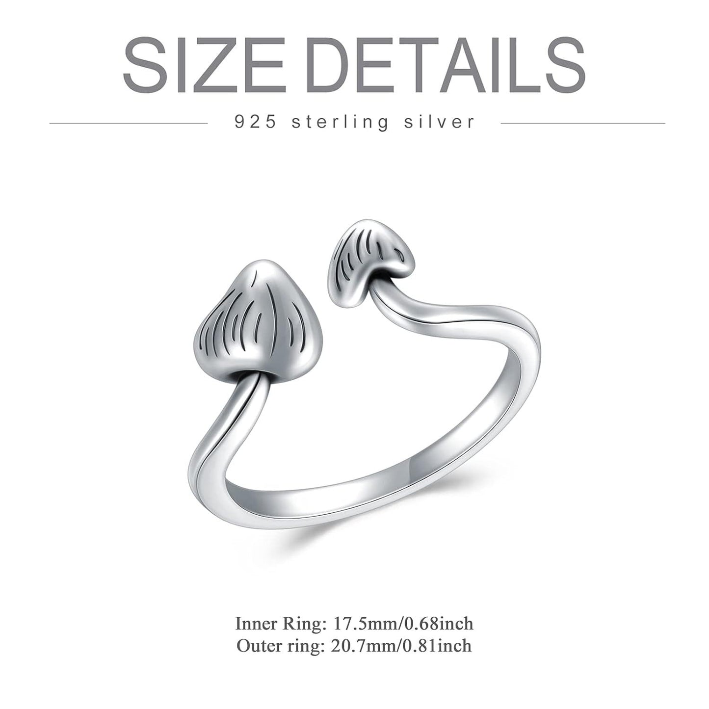 A38. 925 Sterling Silver Adjustable Mushroom Ring Open Toe Rings For Women Girls