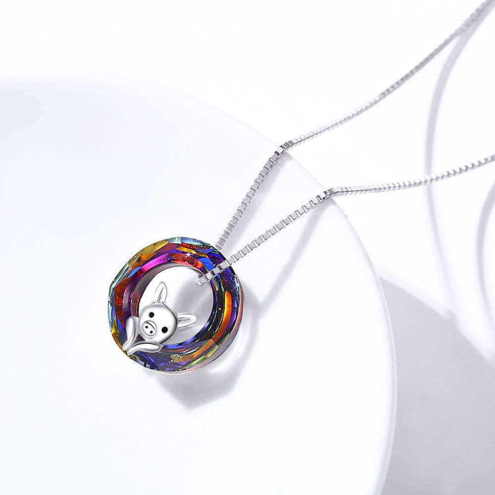 925 Sterling Silver Rainbow Crystal Pig Pendant Necklaces for Women and Girls Gifts