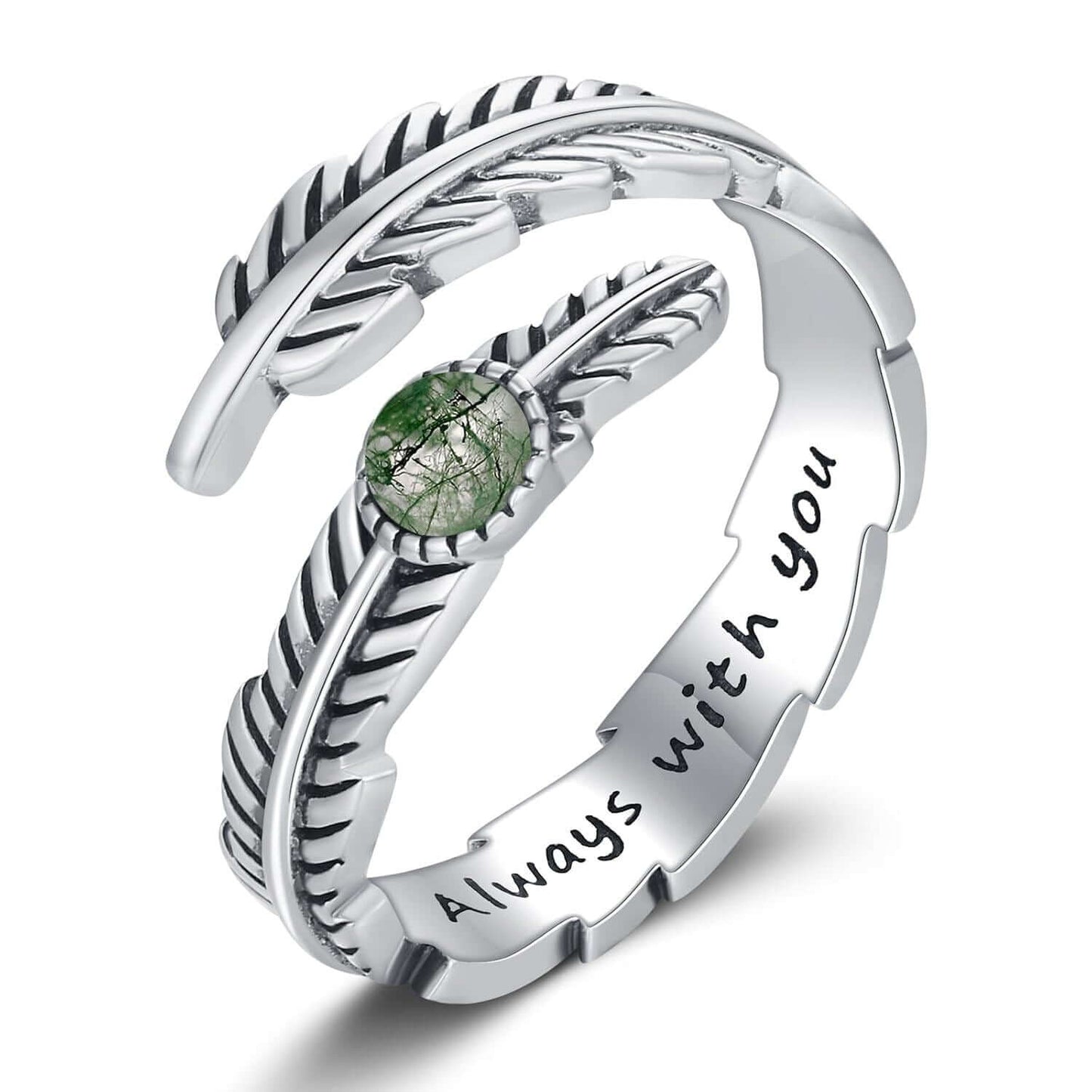 A30. 925 Sterling Silver Feather Heart Rings With Green Gemstone And Inspirational Quote