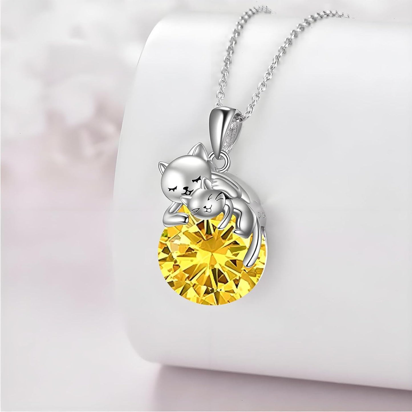 925 Sterling Silver Yellow Crystal Cats Pendant Necklaces for Women