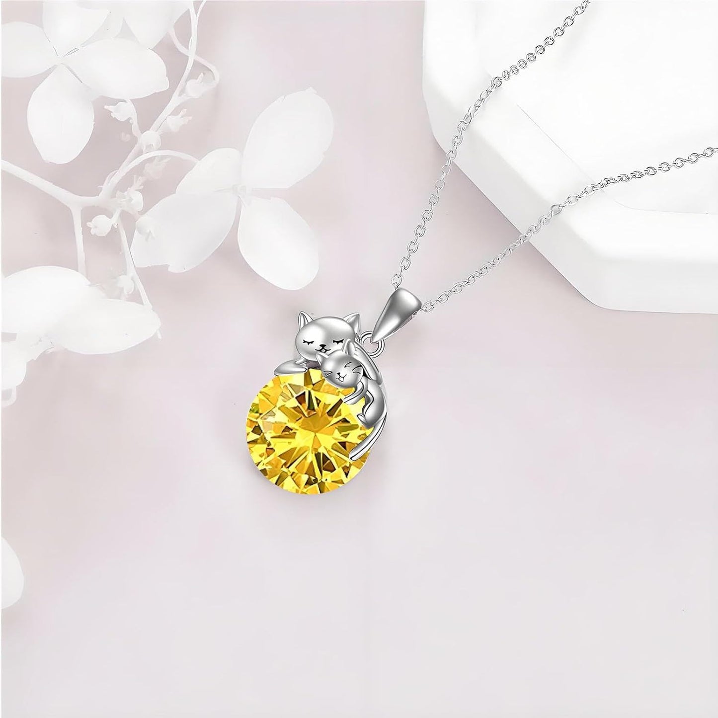 925 Sterling Silver Yellow Crystal Cats Pendant Necklaces for Women