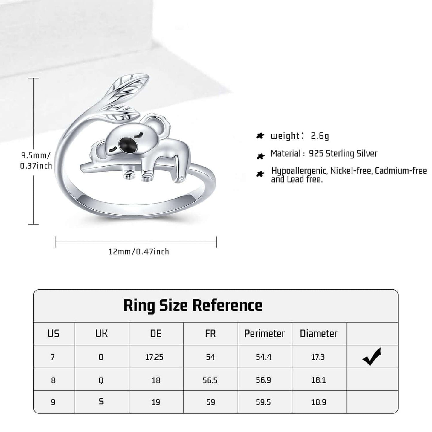 A28. 925 Sterling Silver Cute Koala Open Rings With Leaves