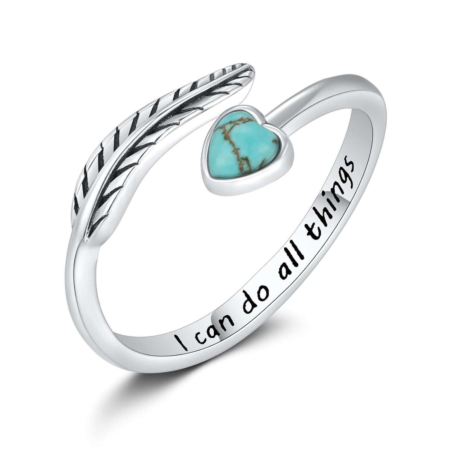 A30. 925 Sterling Silver Feather Heart Rings With Green Gemstone And Inspirational Quote
