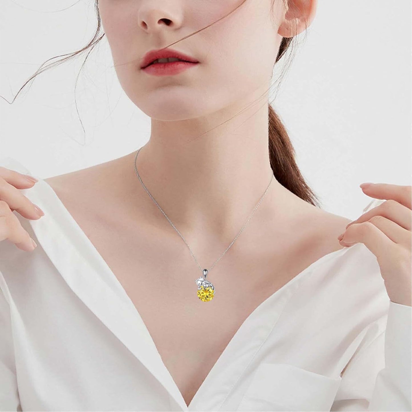 925 Sterling Silver Yellow Crystal Cats Pendant Necklaces for Women
