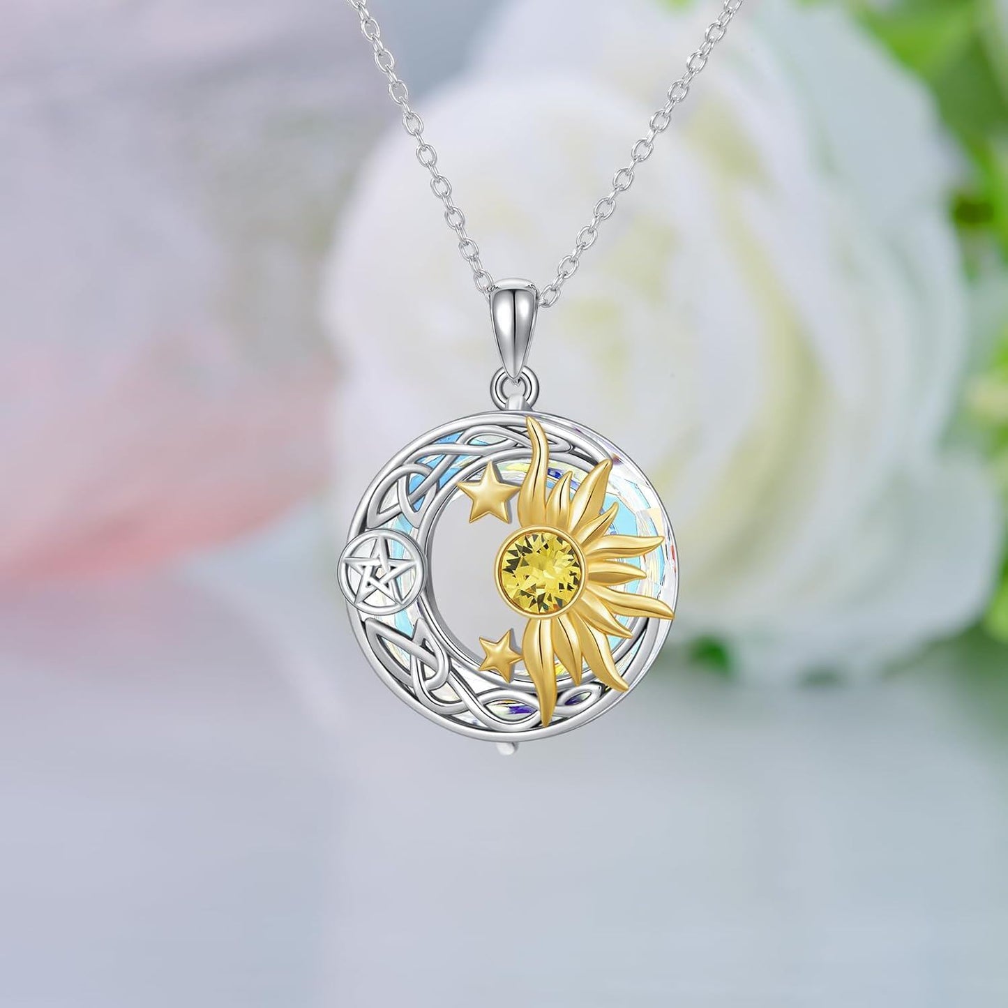 925 Sterling Silver Round Pendant with Celtic Knots and Celestial Elements - Gold Plated Sun & Stars Design Necklaces