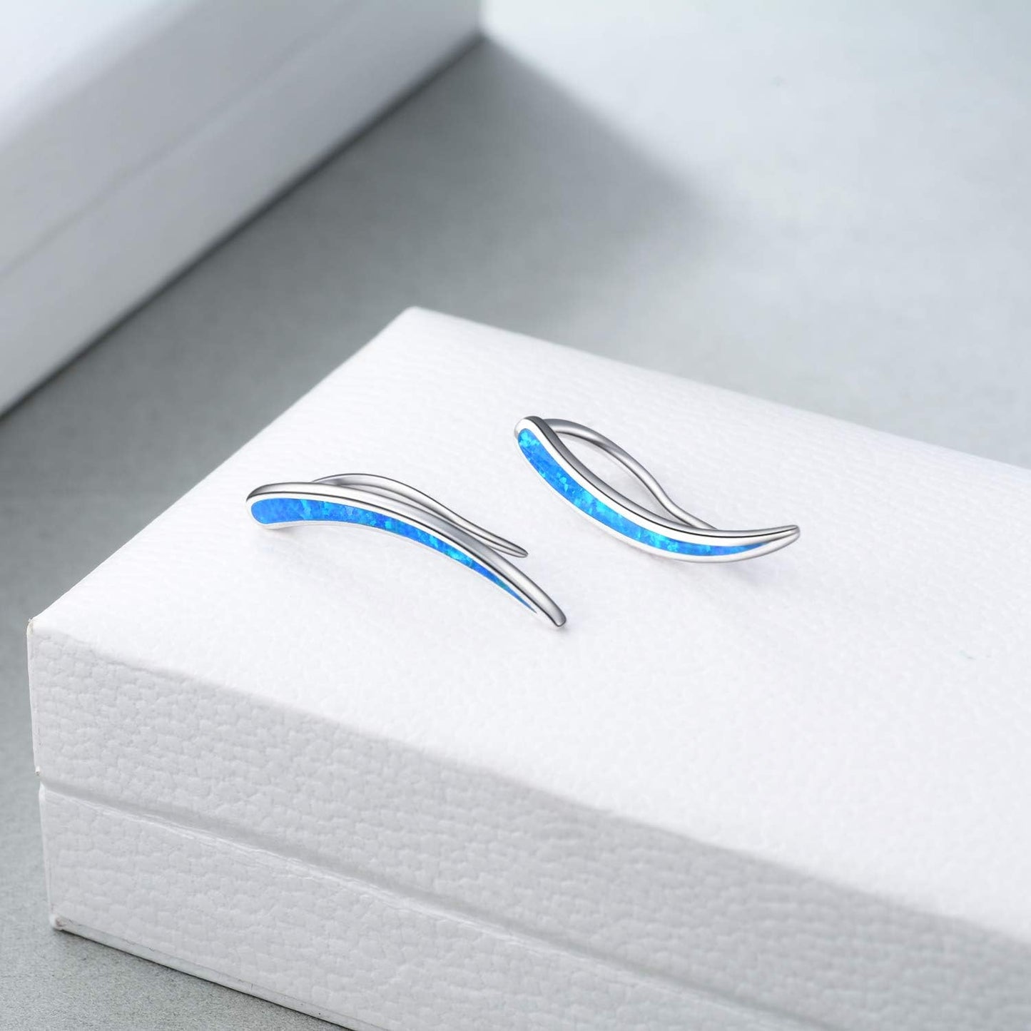 925 Sterling Silver Blue Fire Opal Curved Ear Climber Studs Non-Tarnish Huggie Hoop Earring Sets Wholesale for Women Girls Gifts Jewelry 4cm Long