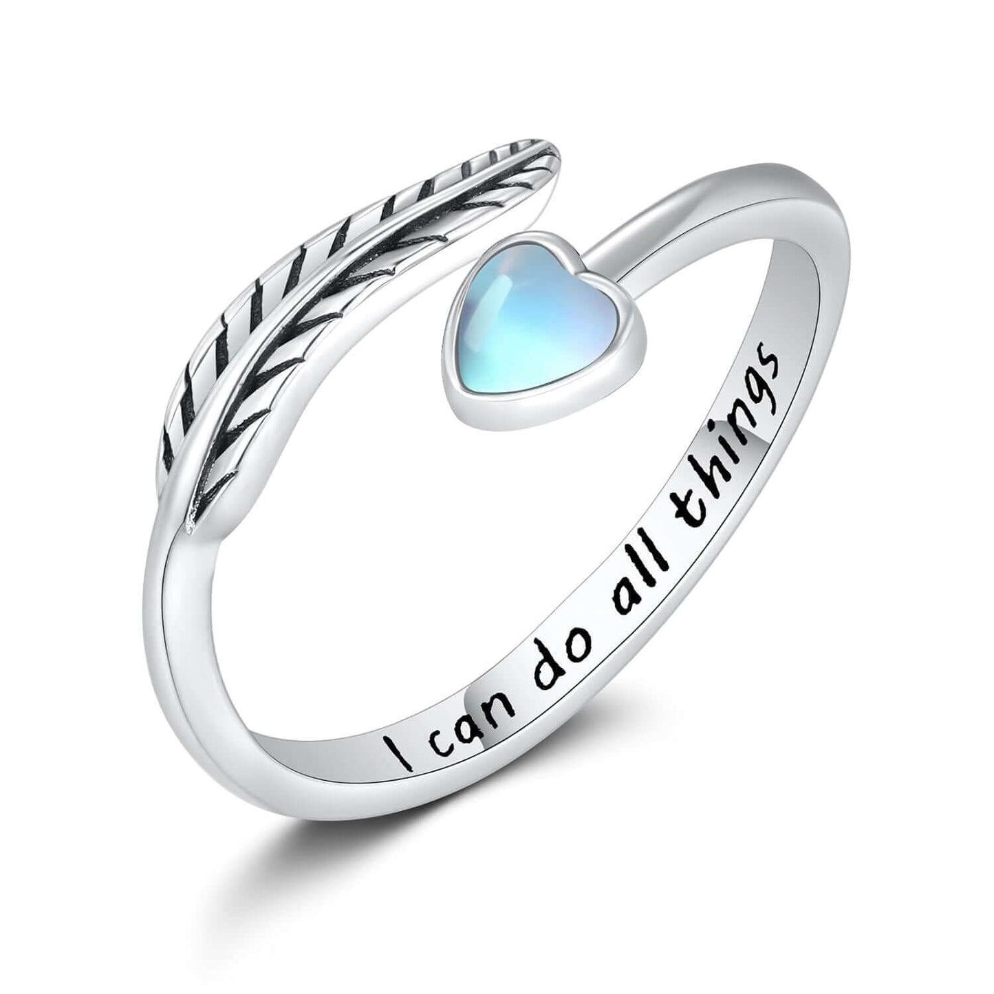 A30. 925 Sterling Silver Feather Heart Rings With Green Gemstone And Inspirational Quote