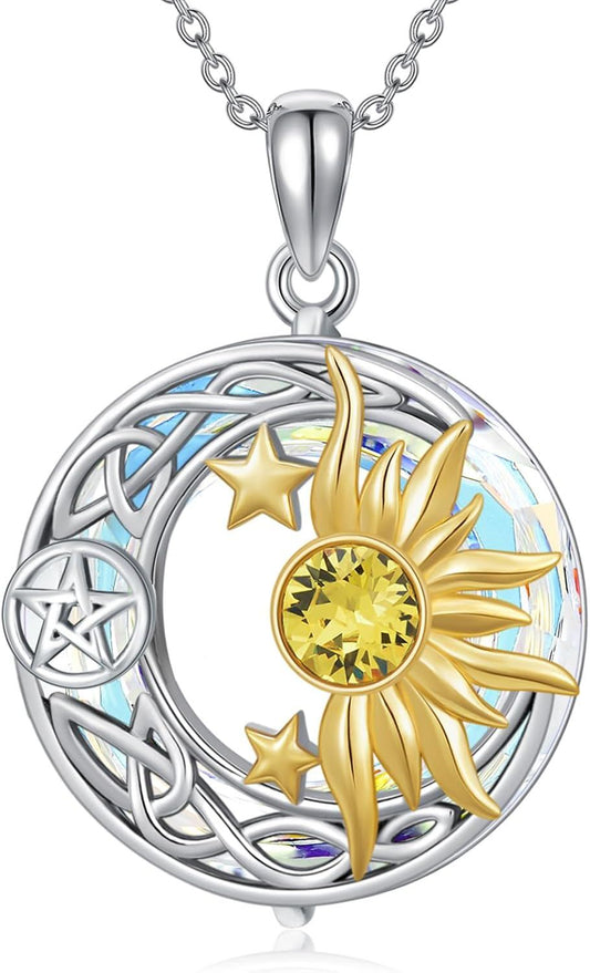 925 Sterling Silver Round Pendant with Celtic Knots and Celestial Elements - Gold Plated Sun & Stars Design Necklaces