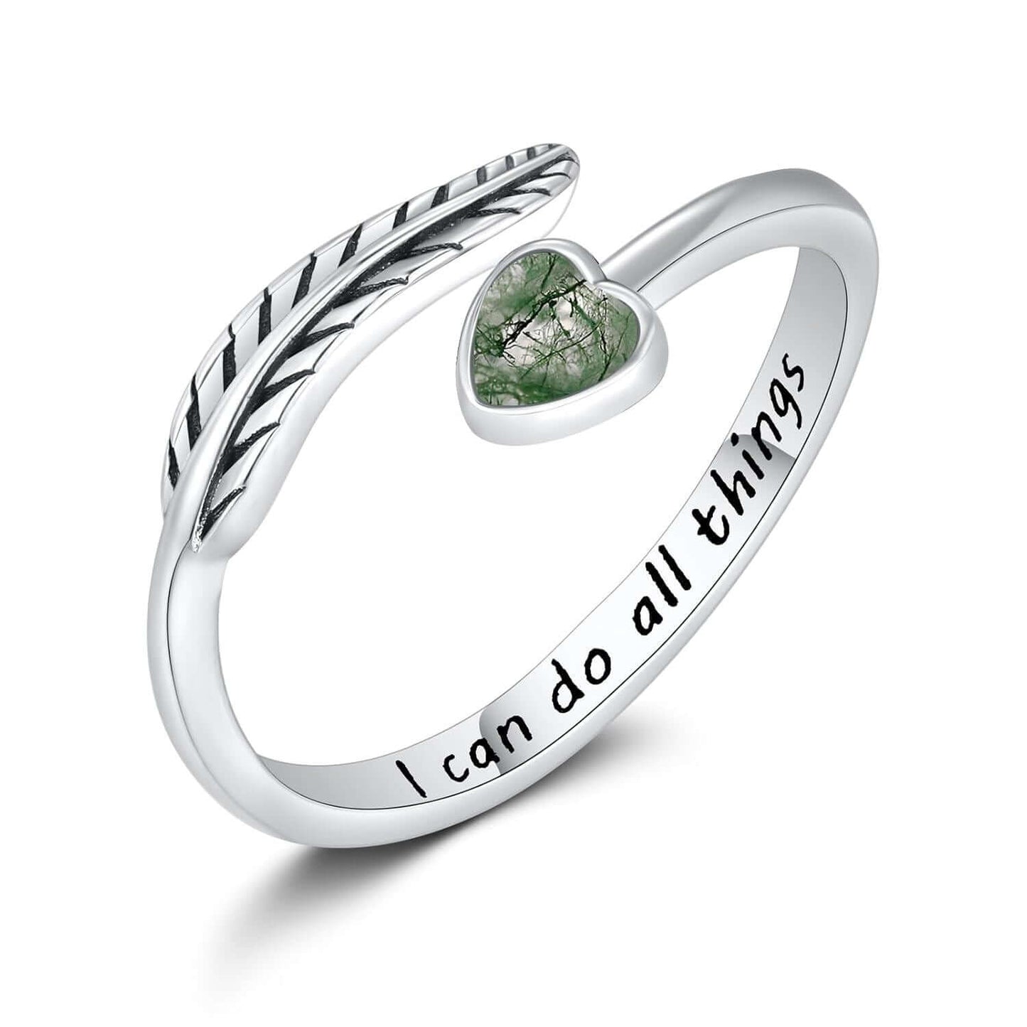A30. 925 Sterling Silver Feather Heart Rings With Green Gemstone And Inspirational Quote