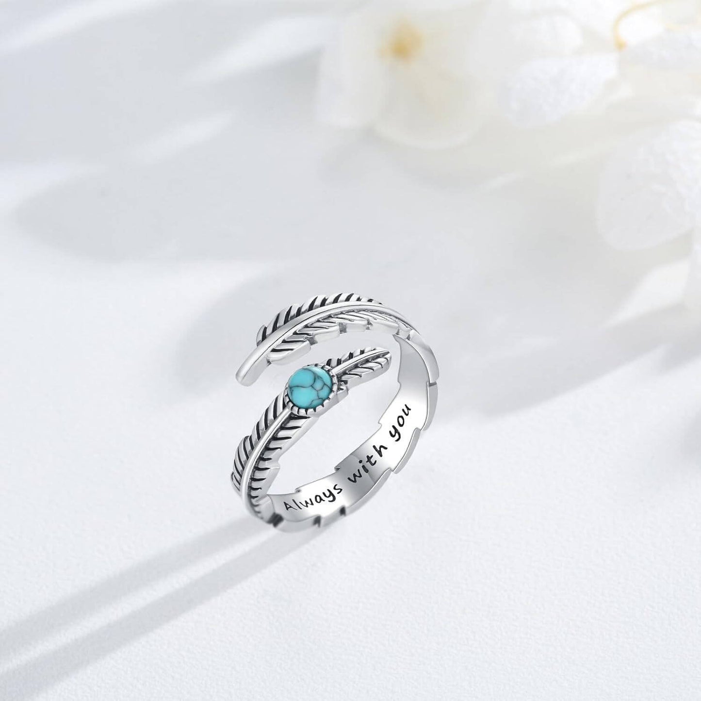 A30. 925 Sterling Silver Feather Heart Rings With Green Gemstone And Inspirational Quote