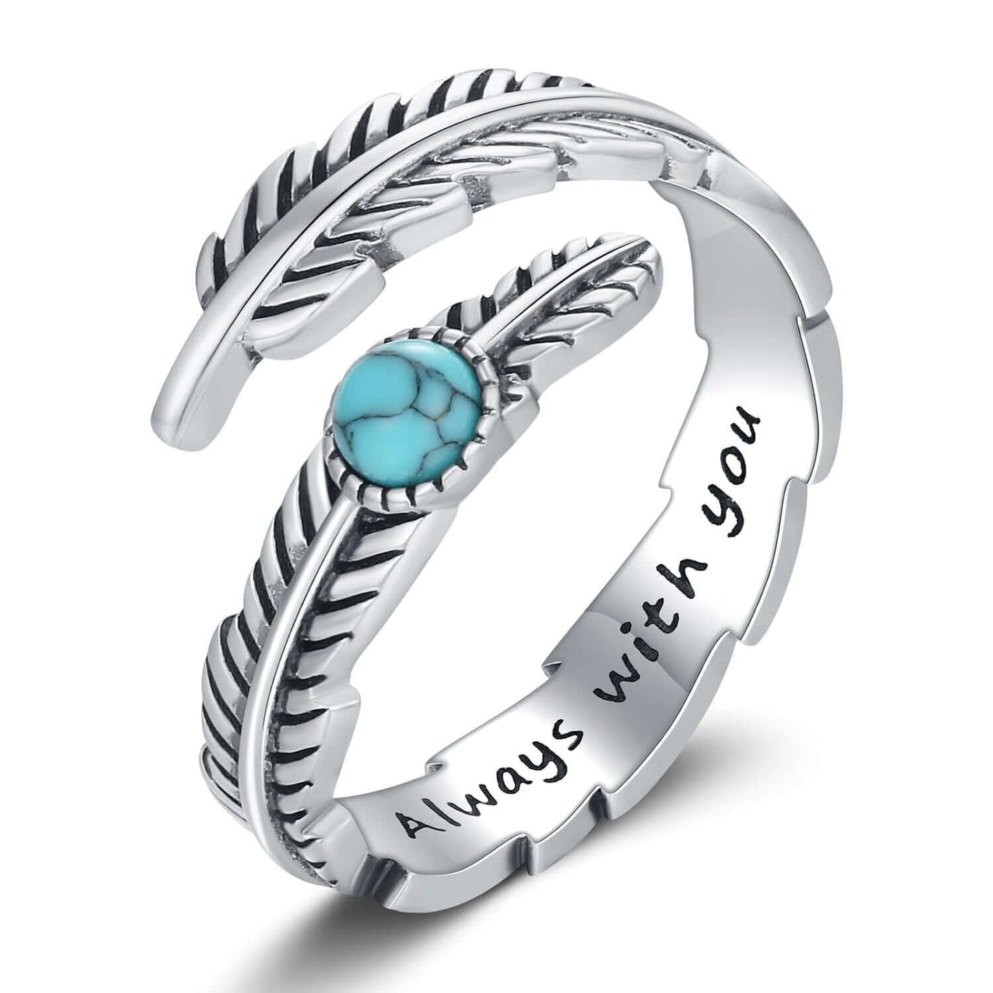 A30. 925 Sterling Silver Feather Heart Rings With Green Gemstone And Inspirational Quote