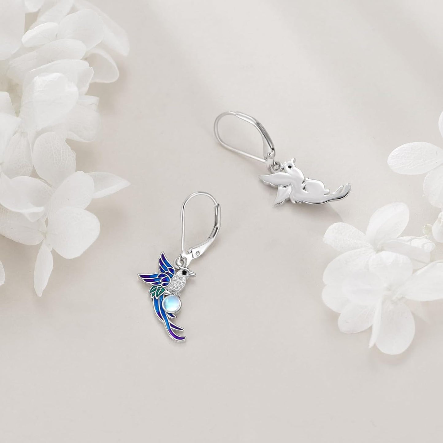 925 Sterling Silver Moonstone Hummingbird Leverback Drop Earrings