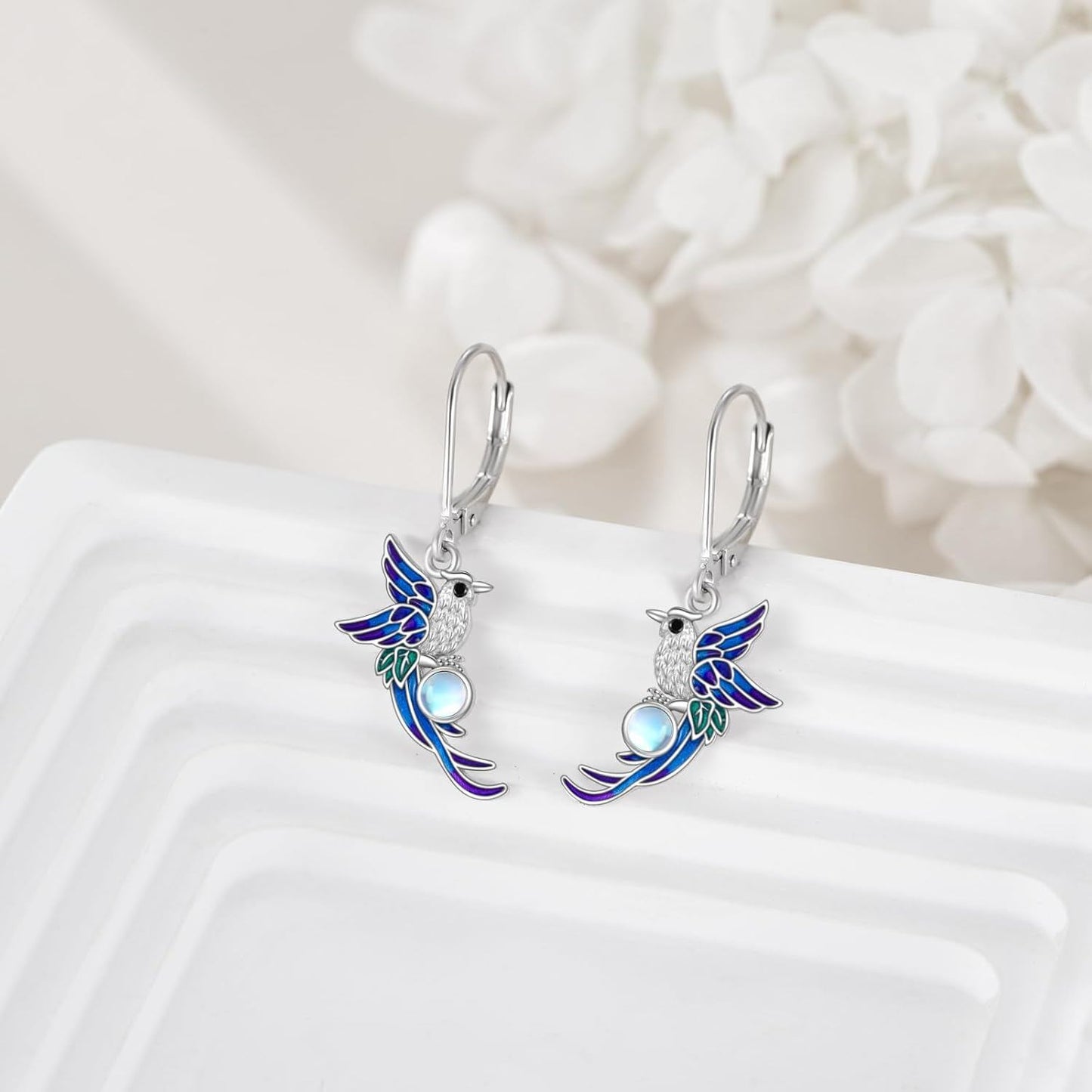 925 Sterling Silver Moonstone Hummingbird Leverback Drop Earrings