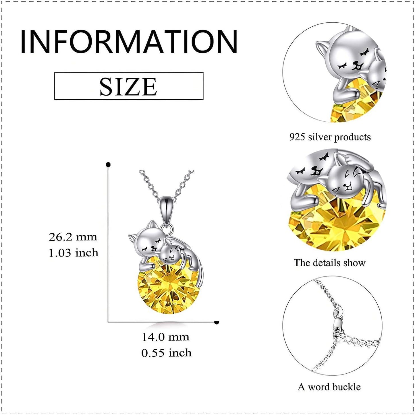 925 Sterling Silver Yellow Crystal Cats Pendant Necklaces for Women