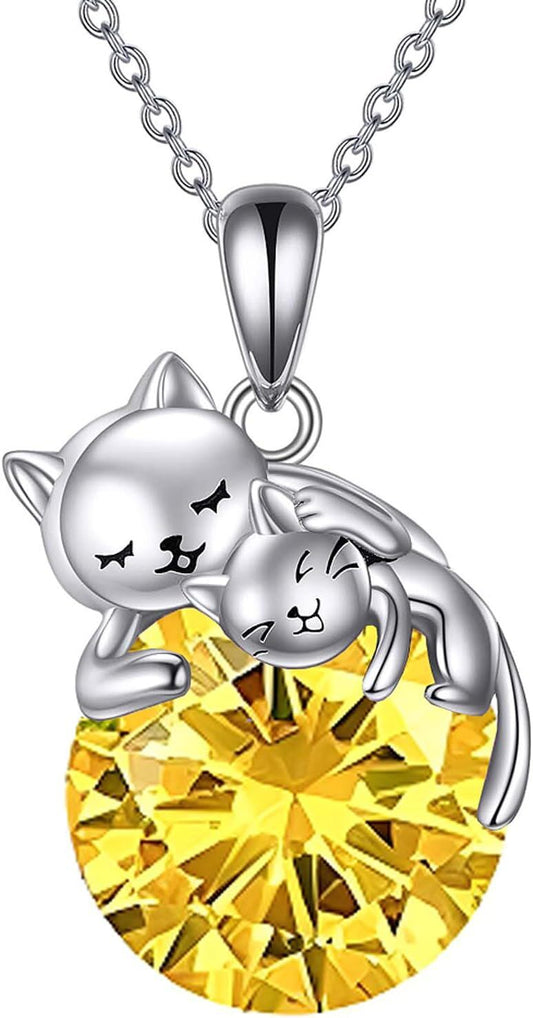 925 Sterling Silver Yellow Crystal Cats Pendant Necklaces for Women