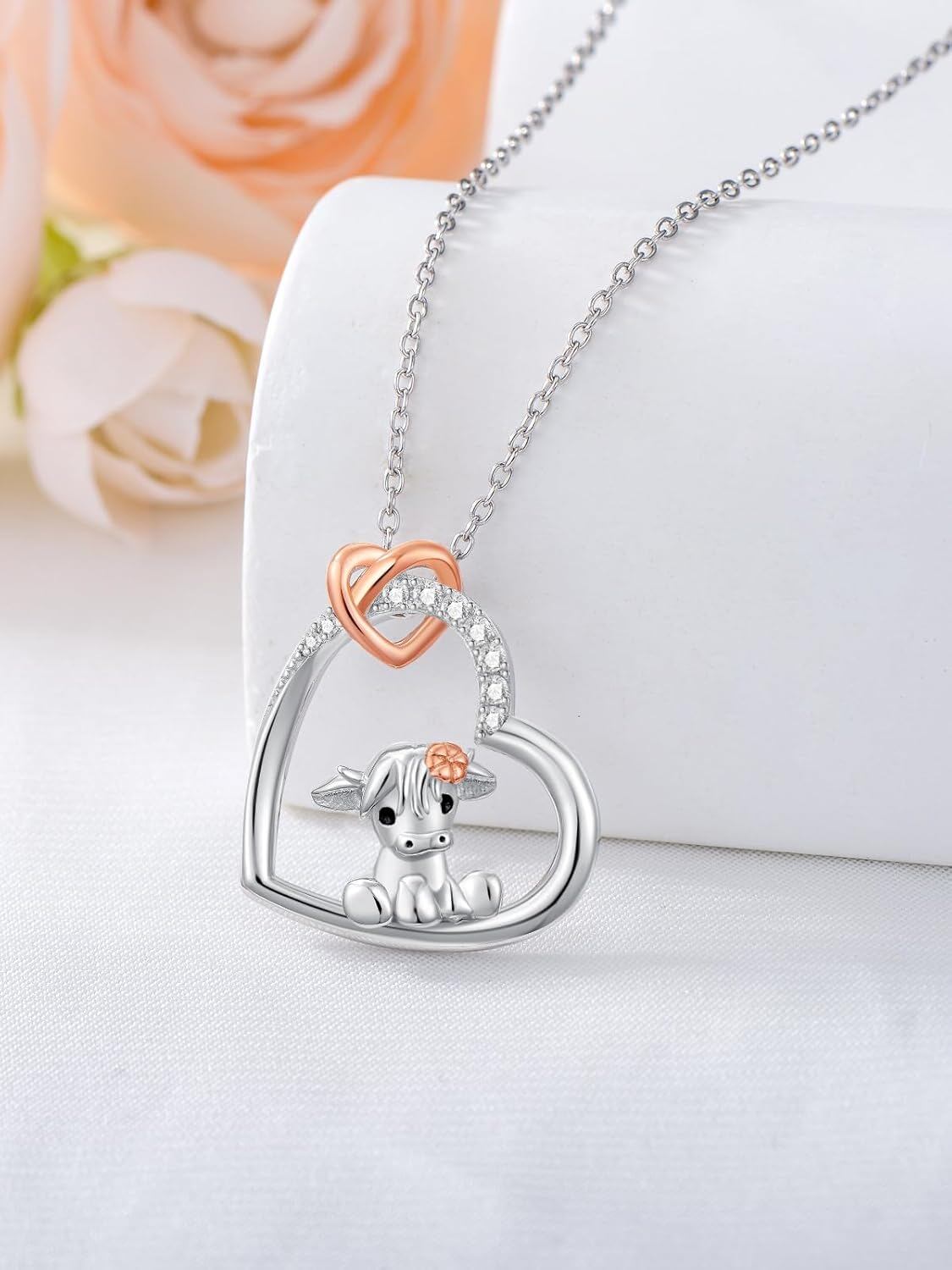 925 Sterling Silver Cute Cow Heart Necklace With Diamond Accents