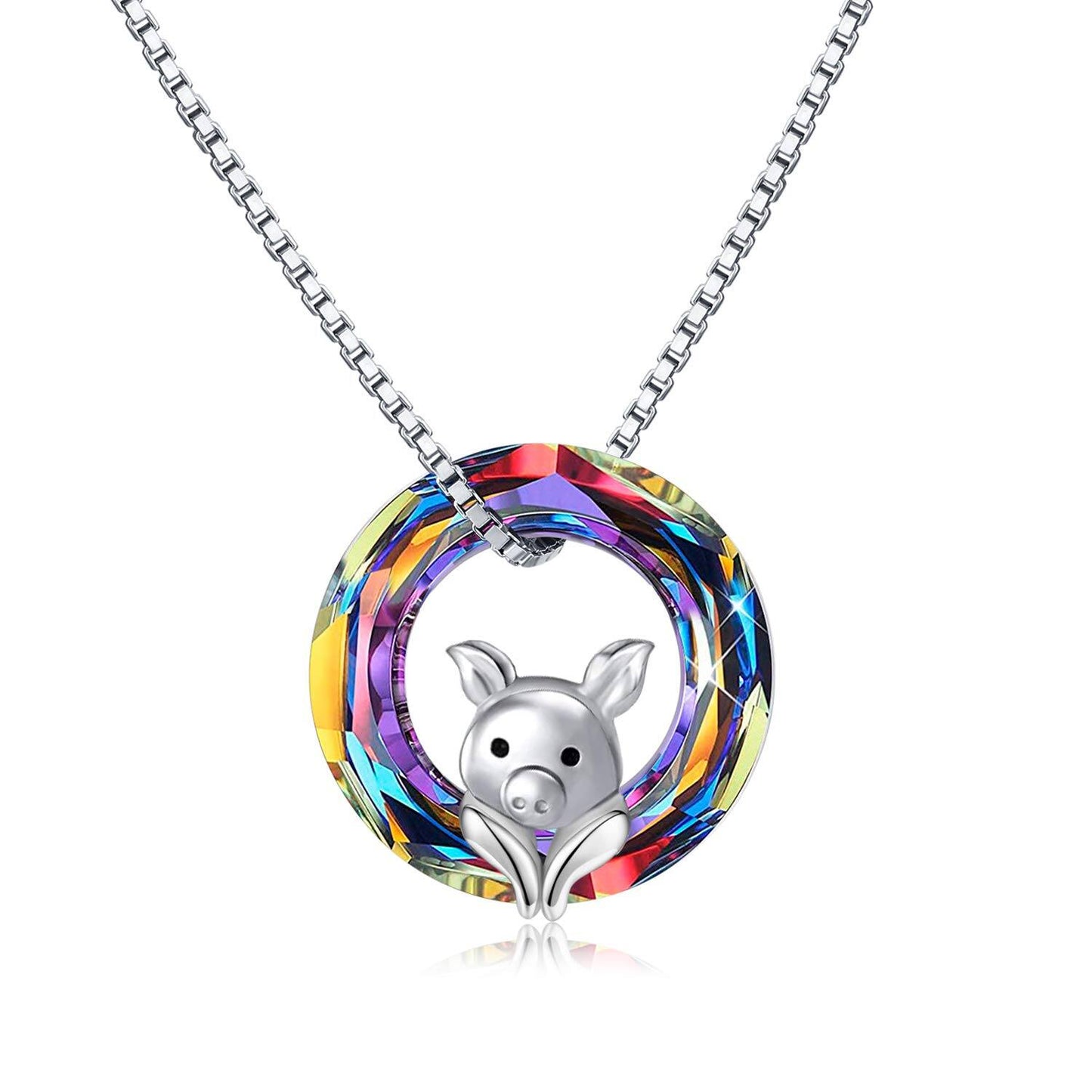 925 Sterling Silver Rainbow Crystal Pig Pendant Necklaces for Women and Girls Gifts