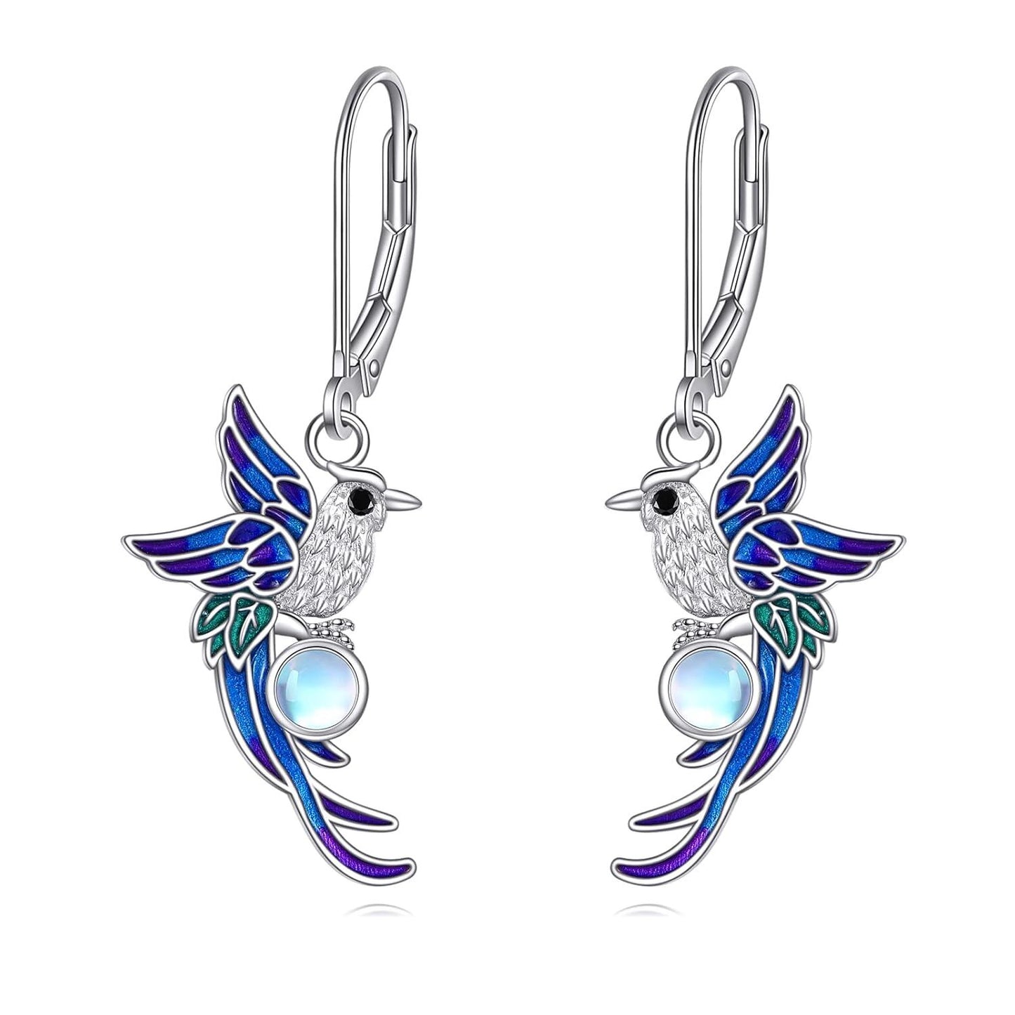 925 Sterling Silver Moonstone Hummingbird Leverback Drop Earrings