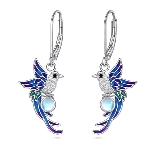 925 Sterling Silver Moonstone Hummingbird Leverback Drop Earrings