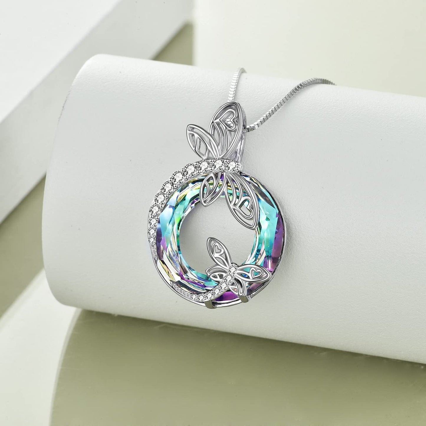 925 Sterling Silver Dragonfly Pendant Necklaces with Crystal