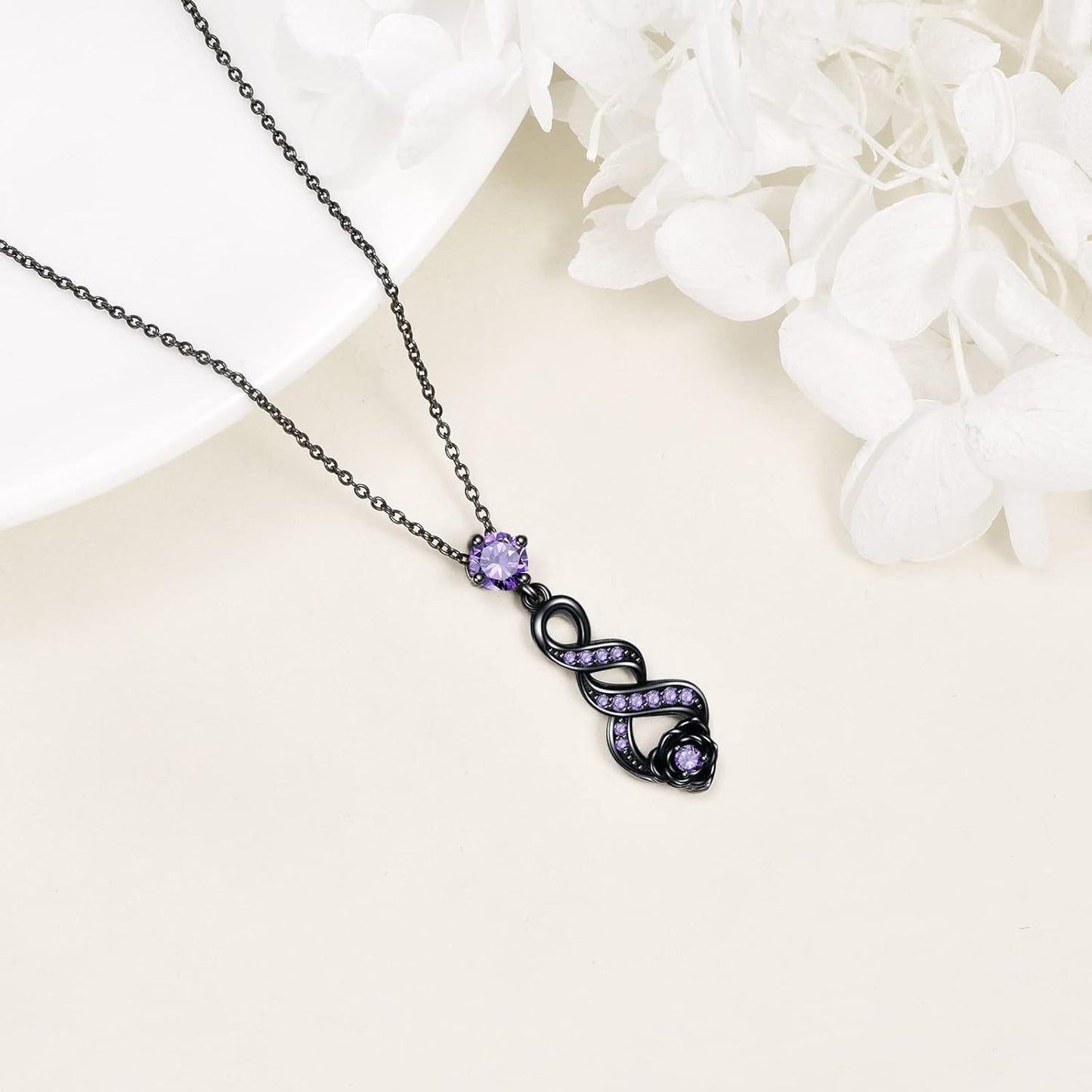 925 Sterling Silver Purple Crystal Infinity Flower Pendant Necklaces