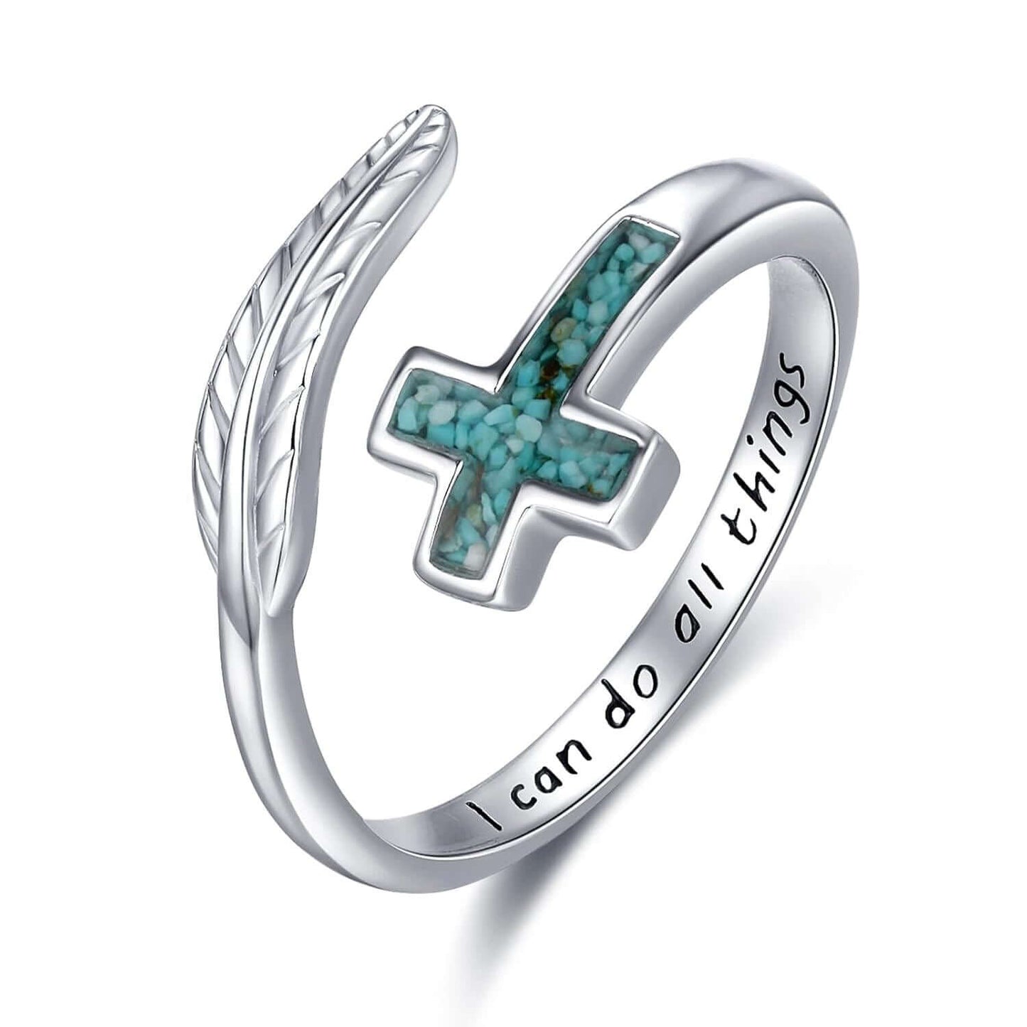 A30. 925 Sterling Silver Feather Heart Rings With Green Gemstone And Inspirational Quote
