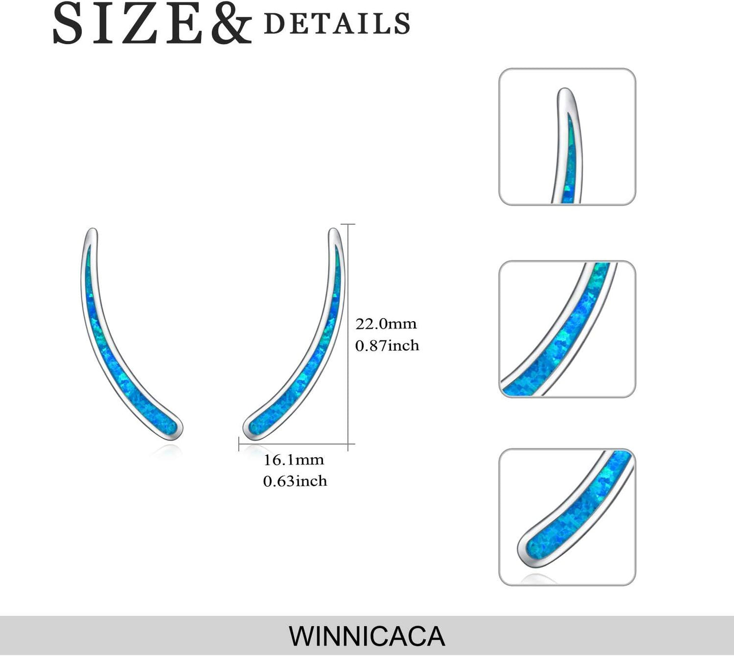 925 Sterling Silver Blue Fire Opal Curved Ear Climber Studs Non-Tarnish Huggie Hoop Earring Sets Wholesale for Women Girls Gifts Jewelry 4cm Long