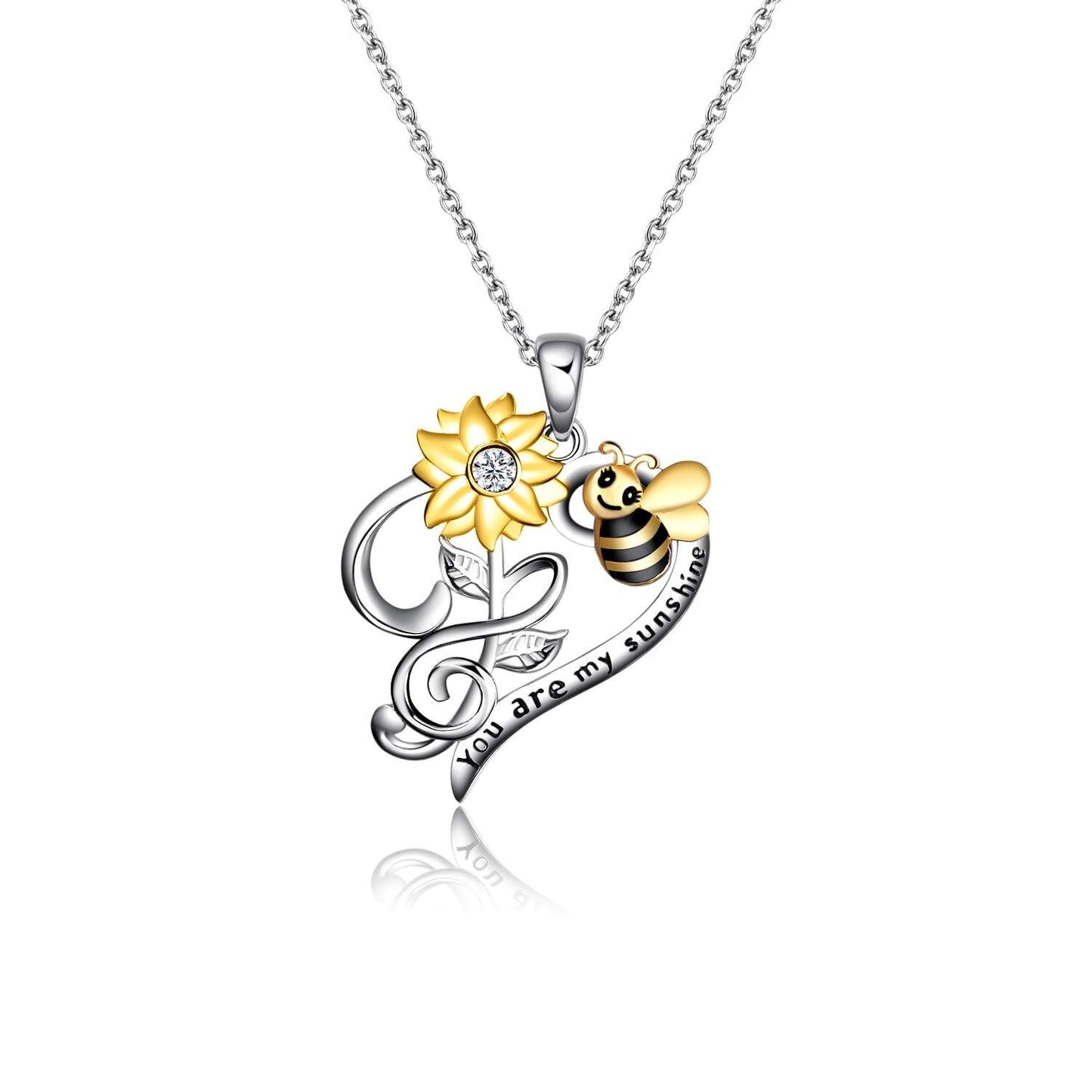 925 Sterling Silver Sunflower & Bee Infinity Love Necklace.