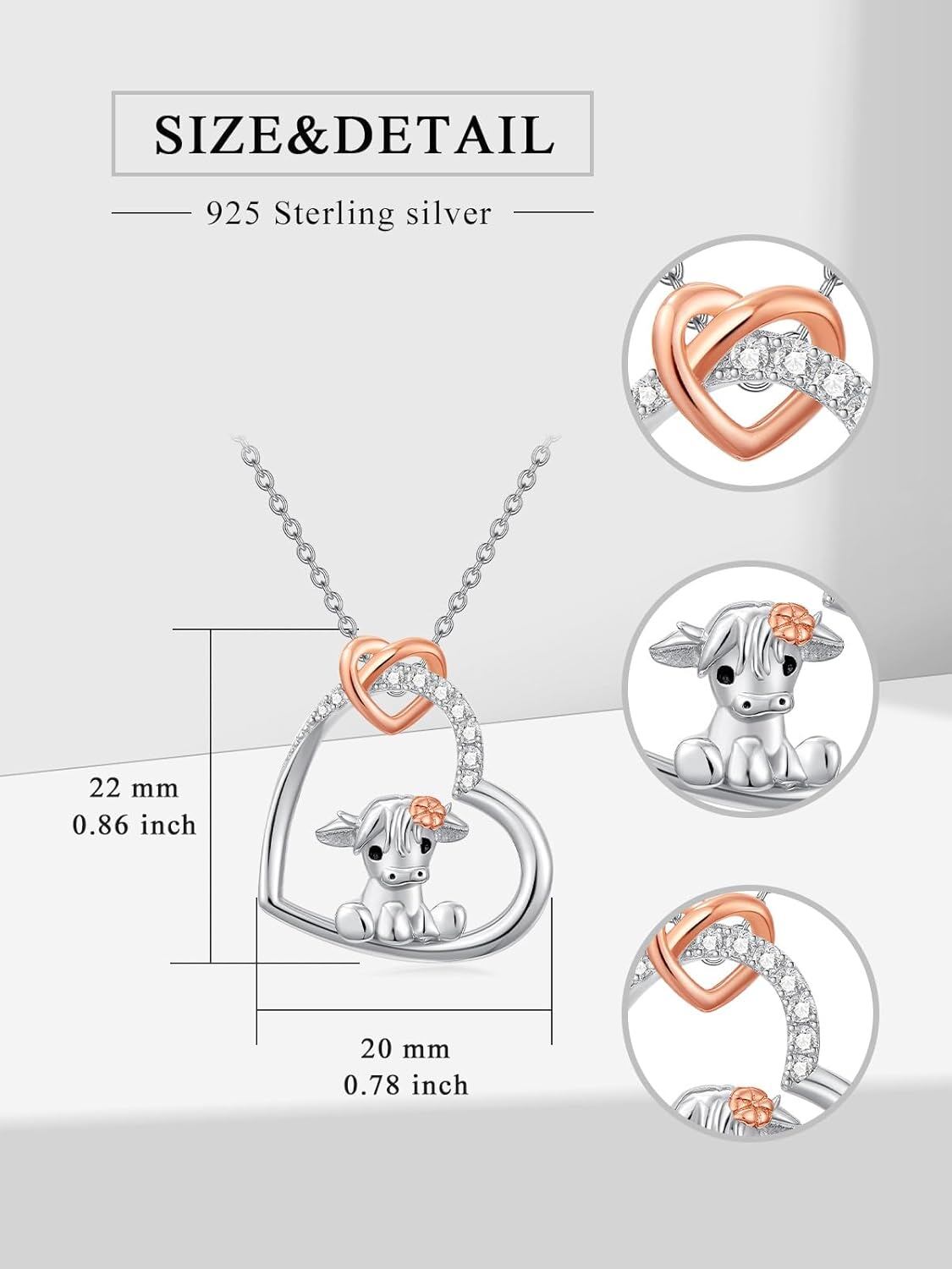 925 Sterling Silver Cute Cow Heart Necklace With Diamond Accents