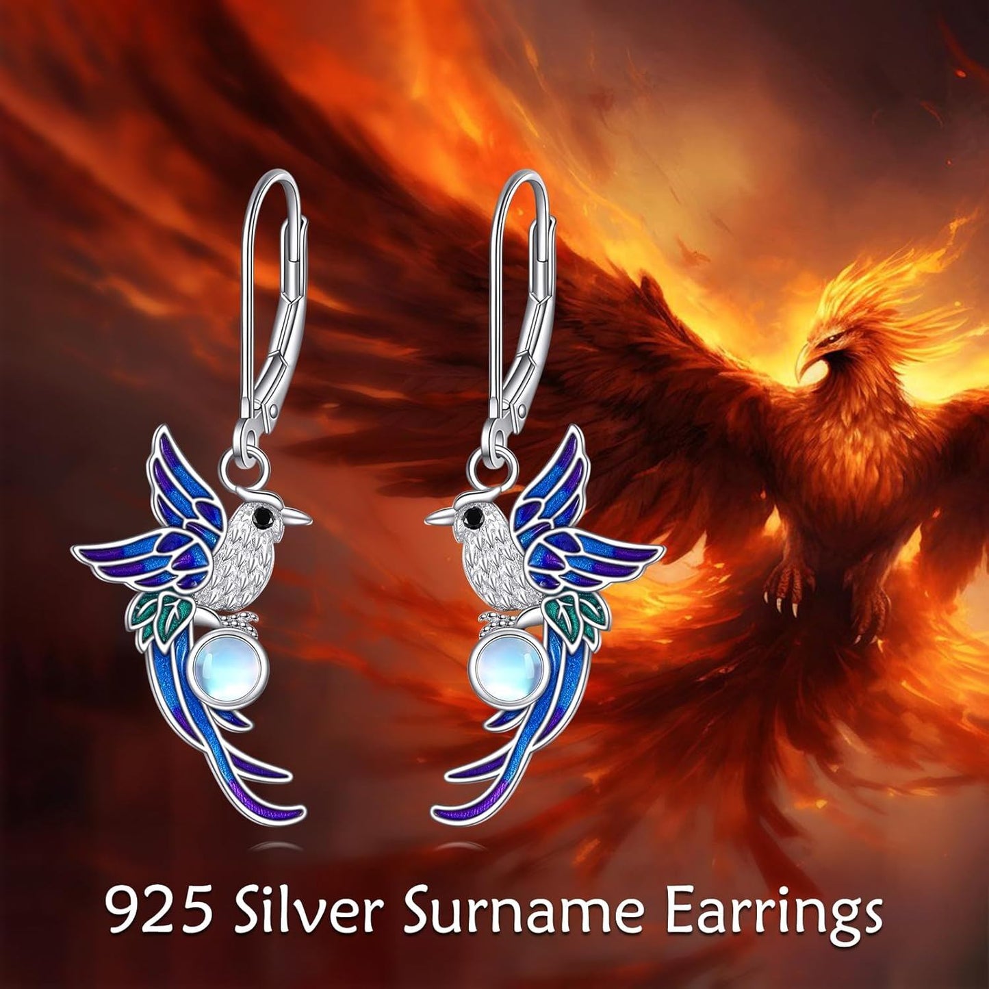 925 Sterling Silver Moonstone Hummingbird Leverback Drop Earrings
