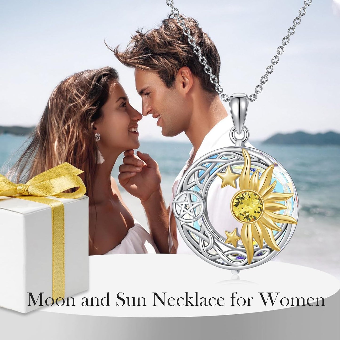 925 Sterling Silver Round Pendant with Celtic Knots and Celestial Elements - Gold Plated Sun & Stars Design Necklaces