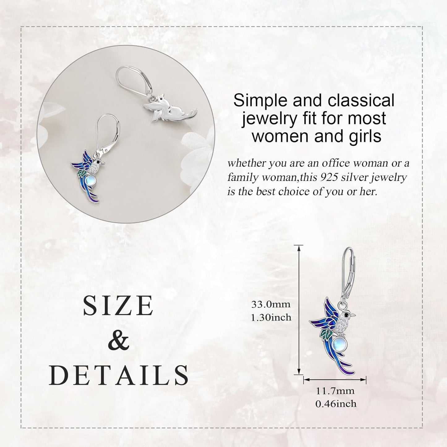 925 Sterling Silver Moonstone Hummingbird Leverback Drop Earrings